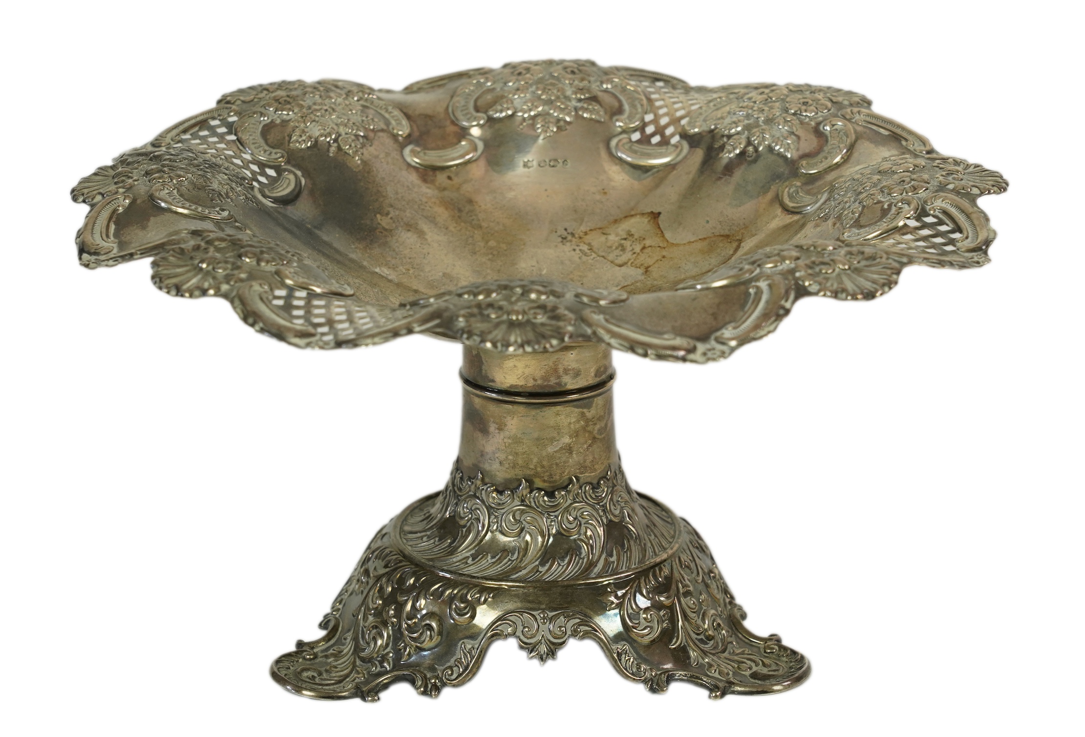 A late Victorian pierced repousse silver pedestal bowl, by Fenton Brothers Ltd